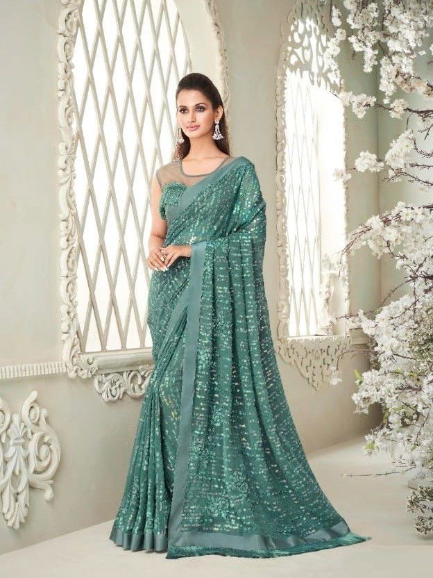 Sea Green Colour Hit Design TFH New Latest Party Wear Soft Georgette Saree Collection 6412